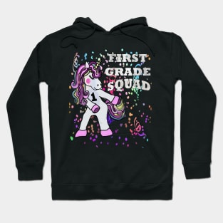 Back to School First Grade Squad Flossing Unicorn Stickers & Gifts Hoodie